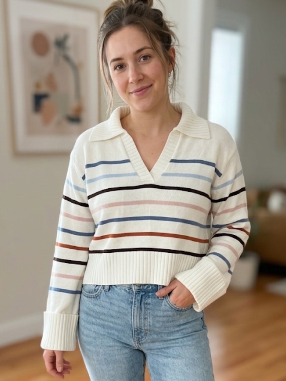Laundry Shelli Segal Striped V-Neck Collared Sweater Cream cropped ribbed